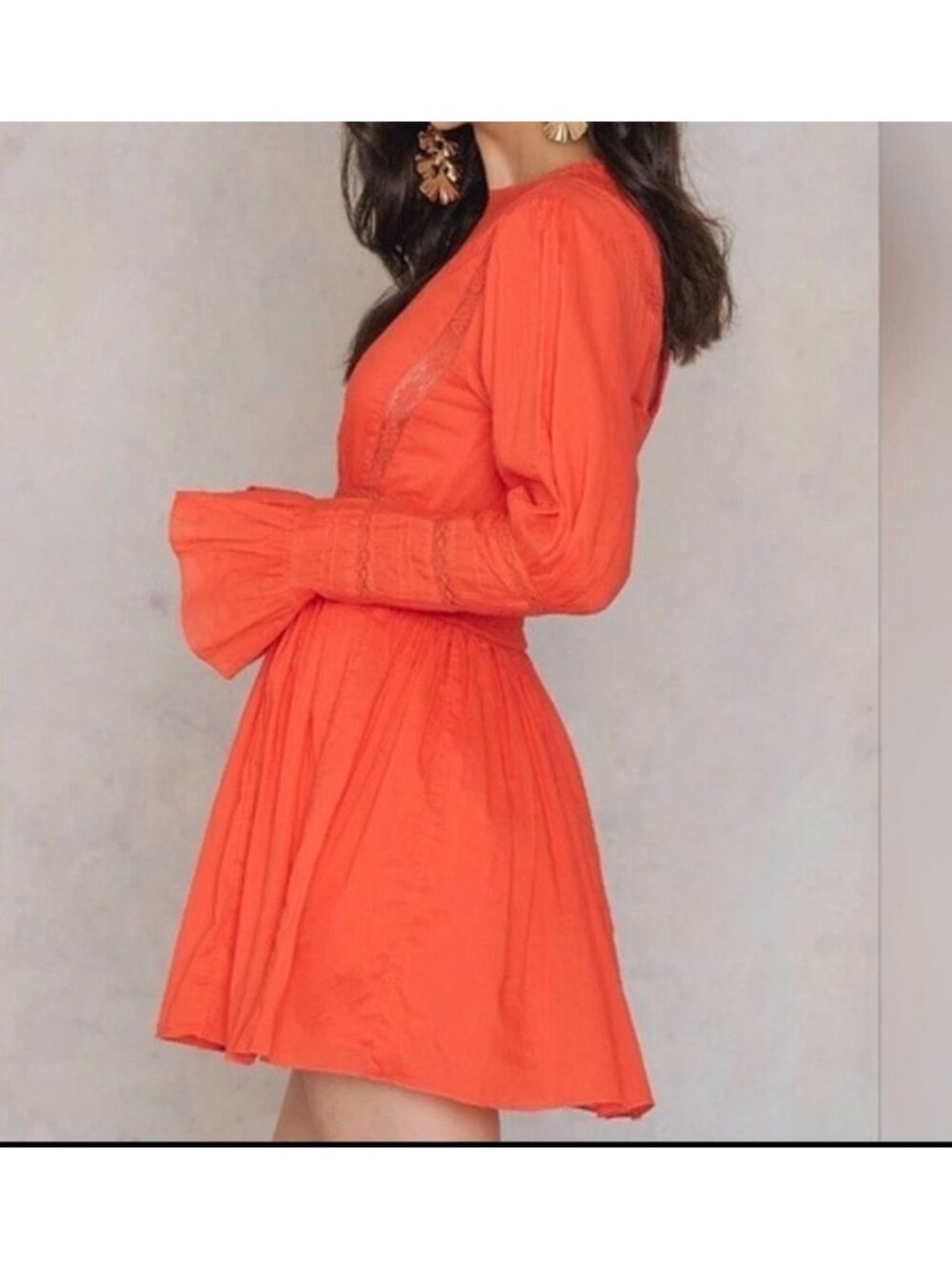 Free People Bohemian Orange Cotton Embroidered Long Sleeve Mini Dress Lace Keyh